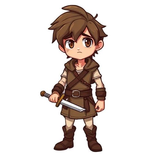 male rpg hero with messy brown hair, wearing a simple leather tunic and holding a basic sword. he has a tired, slightly bored expression. the background should be transparent.