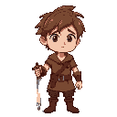 male rpg hero with messy brown hair, wearing a simple leather tunic and holding a basic sword. he has a tired, slightly bored expression. the background should be transparent.