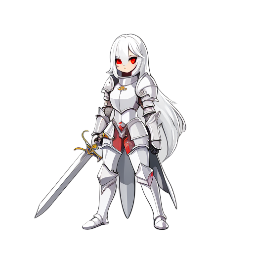 create a picture of a girl knight wearing light white armor holding a medium-sized sword, with white hair and red eyes.