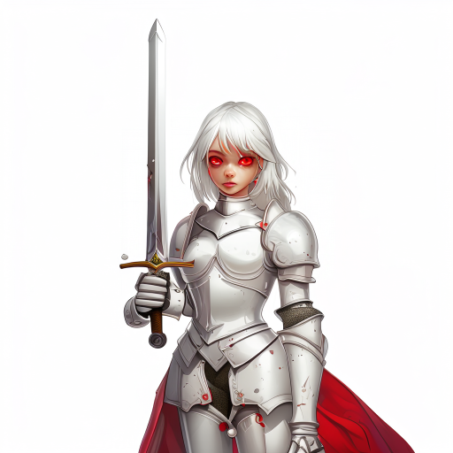 create a picture of a girl knight wearing light white armor holding a medium-sized sword, with white hair and red eyes.