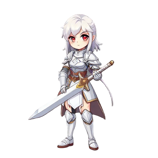 create a picture of a girl knight wearing light white armor holding a medium-sized sword, with white hair and red eyes.