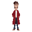 a young man, dark brown hair, red long coat, white shirt, blue jeans  in standing position with 2 eyes
