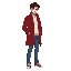 a young man, dark brown hair, red long coat, white shirt, blue jeans  