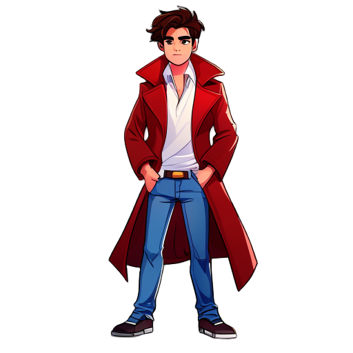 a young man, dark brown hair, red long coat, white shirt, blue jeans
