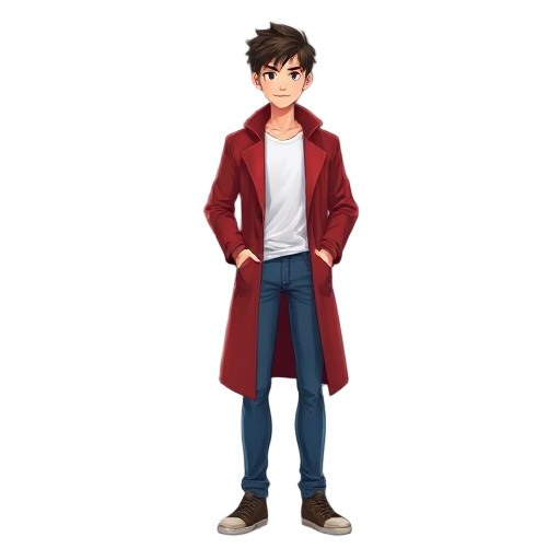a young man, dark brown hair, red long coat, white shirt, blue jeans  