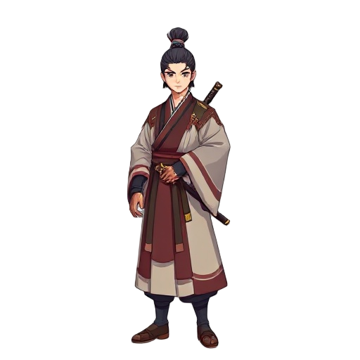 give me a korean epic male character wearing hanbok, with a sword on his side