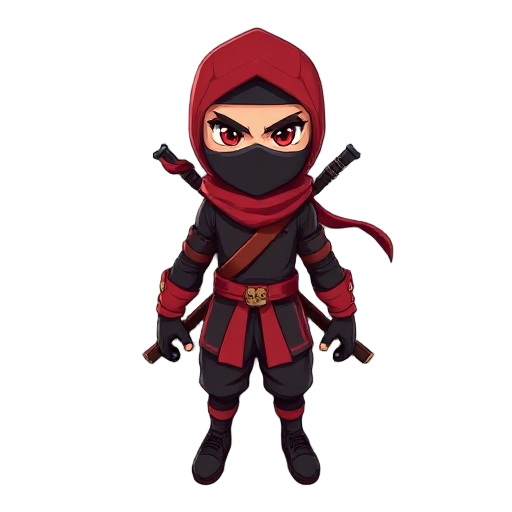 crie um personagem ninja para um jogo de ação 3d. o personagem deve ter visual sombrio e ameaçador, com roupas pretas e detalhes em vermelho escuro. use máscara facial completa e olhos brilhantes em tom vermelho. ele deve carregar duas espadas curtas nas 