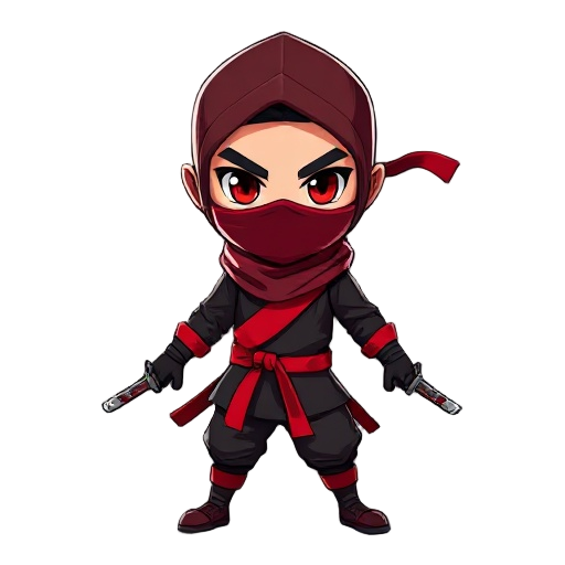 crie um personagem ninja para um jogo de ação 3d. o personagem deve ter visual sombrio e ameaçador, com roupas pretas e detalhes em vermelho escuro. use máscara facial completa e olhos brilhantes em tom vermelho. ele deve carregar duas espadas curtas nas 