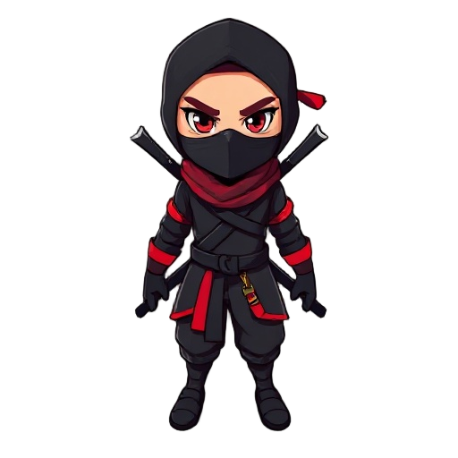 crie um personagem ninja para um jogo de ação 3d. o personagem deve ter visual sombrio e ameaçador, com roupas pretas e detalhes em vermelho escuro. use máscara facial completa e olhos brilhantes em tom vermelho. ele deve carregar duas espadas curtas nas 