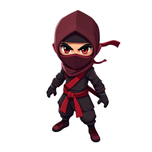 crie um personagem ninja para um jogo de ação 3d. o personagem deve ter visual sombrio e ameaçador, com roupas pretas e detalhes em vermelho escuro. use máscara facial completa e olhos brilhantes em tom vermelho. ele deve carregar duas espadas curtas nas 