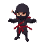 crie um personagem ninja para um jogo de ação 3d. o personagem deve ter visual sombrio e ameaçador, com roupas pretas e detalhes em vermelho escuro. use máscara facial completa e olhos brilhantes em tom vermelho. ele deve carregar duas espadas curtas nas 