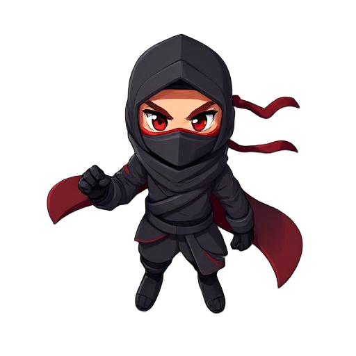crie um personagem ninja para um jogo de ação 3d. o personagem deve ter visual sombrio e ameaçador, com roupas pretas e detalhes em vermelho escuro. use máscara facial completa e olhos brilhantes em tom vermelho. ele deve carregar duas espadas curtas nas 