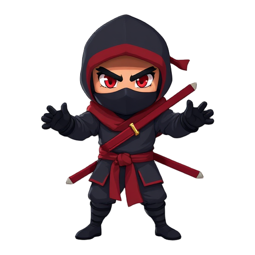 crie um personagem ninja para um jogo de ação 3d. o personagem deve ter visual sombrio e ameaçador, com roupas pretas e detalhes em vermelho escuro. use máscara facial completa e olhos brilhantes em tom vermelho. ele deve carregar duas espadas curtas nas 