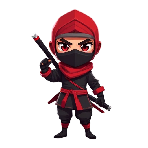 crie um personagem ninja para um jogo de ação 3d. o personagem deve ter visual sombrio e ameaçador, com roupas pretas e detalhes em vermelho escuro. use máscara facial completa e olhos brilhantes em tom vermelho. ele deve carregar duas espadas curtas nas 