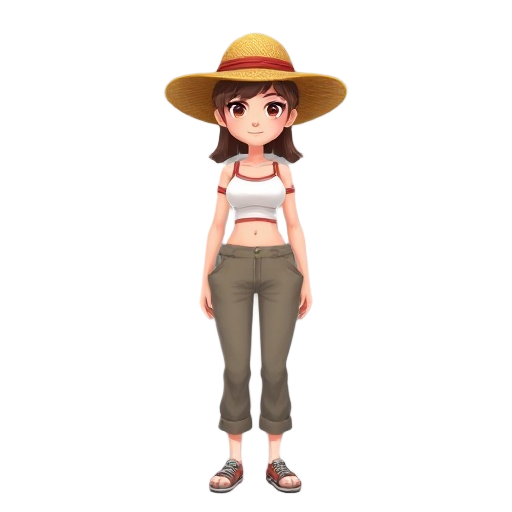 female in a straw hat with crop top and pants on 