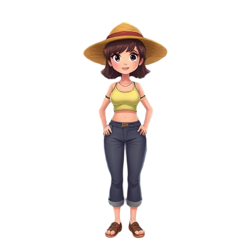 female in a straw hat with crop top and pants on 