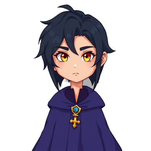 wispy bangs, navy hair, mullet, yellow eyes, hair over eyes, sharp eyes, violet wizard robe, cassock, golden wizard staff