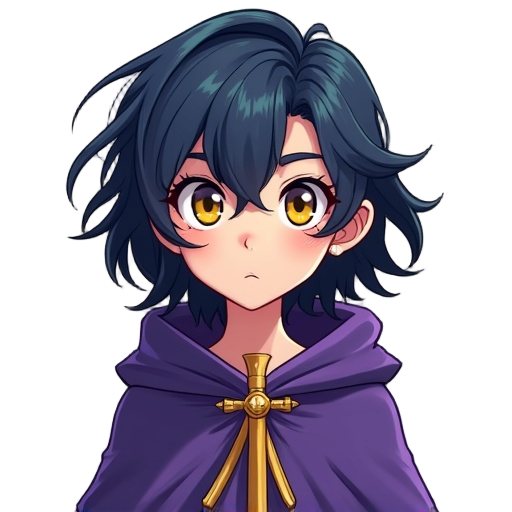 wispy bangs, navy hair, mullet, yellow eyes, hair over eyes, sharp eyes, violet wizard robe, cassock, golden wizard staff