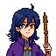 wispy bangs, navy hair, mullet, yellow eyes, hair over eyes, sharp eyes, violet wizard robe, cassock, golden wizard staff