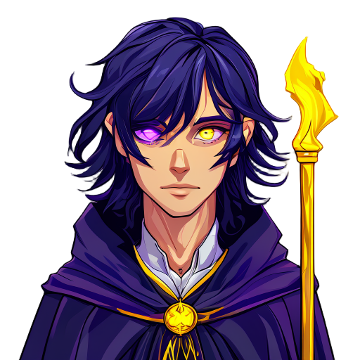 wispy bangs, navy hair, mullet, yellow eyes, hair over eyes, sharp eyes, violet wizard robe, cassock, golden wizard staff
