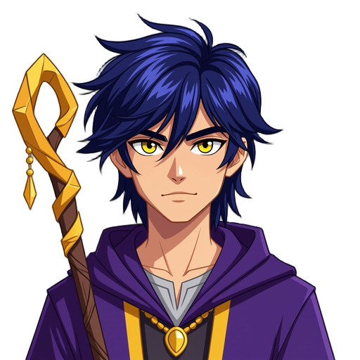 wispy bangs, navy hair, mullet, yellow eyes, hair over eyes, sharp eyes, violet wizard robe, golden wizard staff