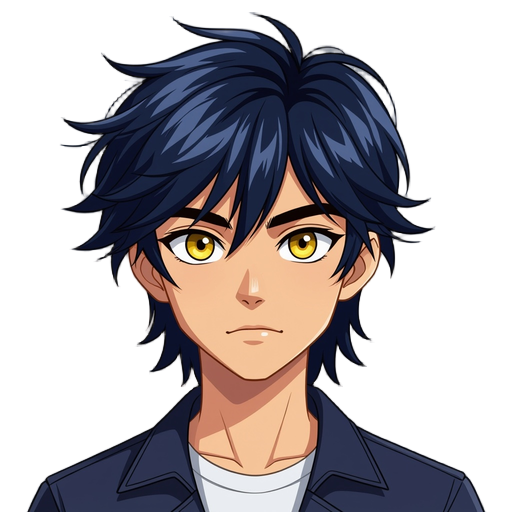 wispy bangs, navy hair, mullet, yellow eyes, hair over eyes, sharp eyes,