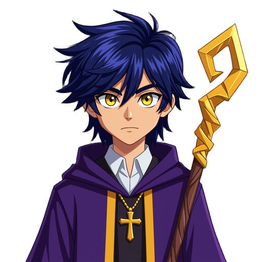 wispy bangs, navy hair, mullet, yellow eyes, hair over eyes, sharp eyes, violet wizard robe, cassock, golden wizard staff