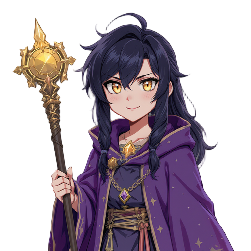 wispy bangs, navy hair, mullet, yellow eyes, hair over eyes, sharp eyes, violet wizard robe, cassock, golden wizard staff