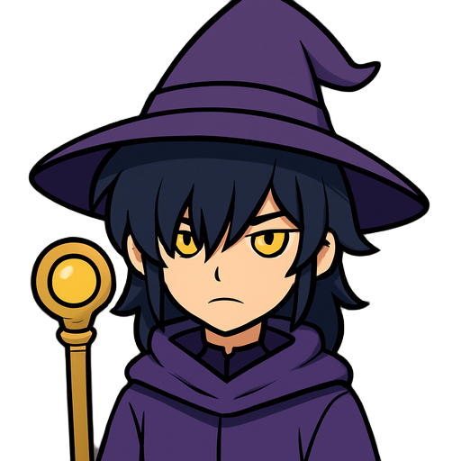wispy bangs, navy hair, mullet, yellow eyes, hair over eyes, sharp eyes, violet wizard robe, cassock, golden wizard staff
