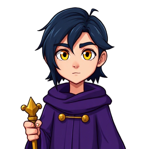 wispy bangs, navy hair, mullet, yellow eyes, hair over eyes, sharp eyes, violet wizard robe, cassock, golden wizard staff