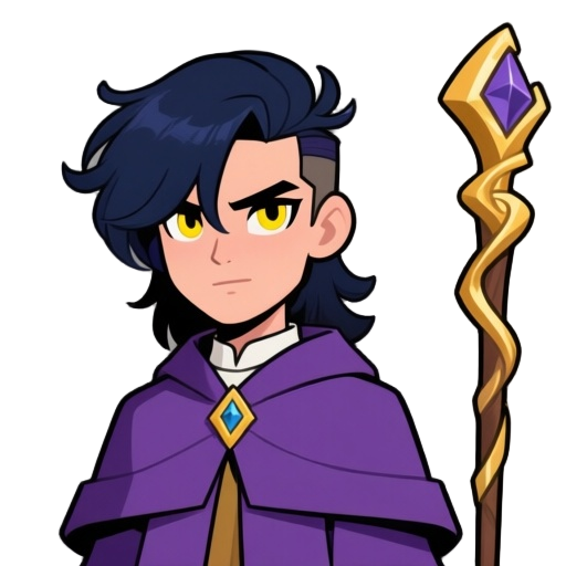 wispy bangs, navy hair, mullet, yellow eyes, hair over eyes, sharp eyes, violet wizard robe, cassock, golden wizard staff
