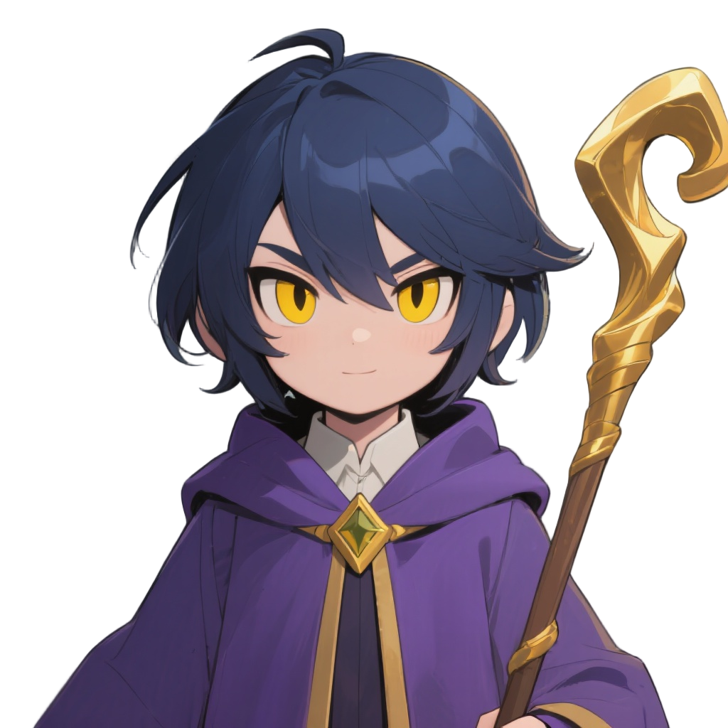 wispy bangs, navy hair, mullet, yellow eyes, hair over eyes, sharp eyes, violet wizard robe, cassock, golden wizard staff