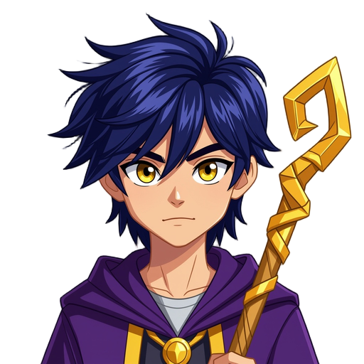 wispy bangs, navy hair, mullet, yellow eyes, hair over eyes, sharp eyes, violet wizard robe, golden wizard staff