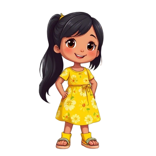 8-year-old filipina girl with shoulder-length black hair tied in a ponytail, warm brown skin, and lively dark eyes; she wears a bright yellow floral dress and rubber slippers