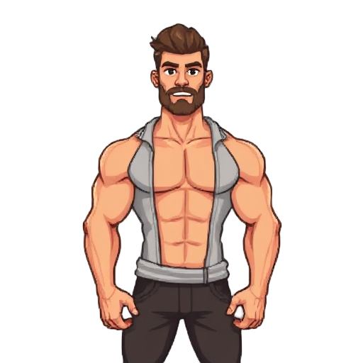 generate a muscle male pixel character, wearing tight clothes, wearing open shirt, body hair, with a transparent background, facial hair, handsome, full body in frame, for a pixel video game, tall man