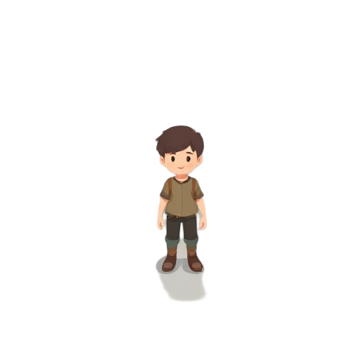 2d character for an adventure game in the mountains, realistic minimalist style, a little cute, the color scheme is calm, rather pastel, but not too pale