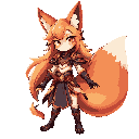 anime-style alluring fox warrior, golden eyes, confident pose, long hair, ornate armor with elegant revealing design, fluffy tail, mystical shrine background, warm lighting, strong yet enchanting aura, inspired by kitsune legends.