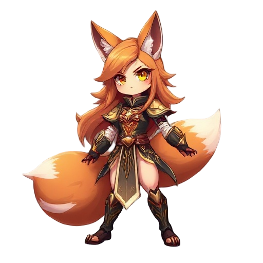 anime-style alluring fox warrior, golden eyes, confident pose, long hair, ornate armor with elegant revealing design, fluffy tail, mystical shrine background, warm lighting, strong yet enchanting aura, inspired by kitsune legends.