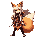 anime-style alluring fox warrior, golden eyes, confident pose, long hair, ornate armor with elegant revealing design, fluffy tail, mystical shrine background, warm lighting, strong yet enchanting aura, inspired by kitsune legends.