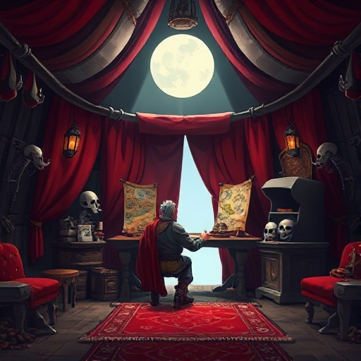 dark fantasy ottoman command tent interior, player sits at a wooden desk with maps and skulls, entrance flap ahead, moonlight shining in, gothic atmosphere, red fabrics, skeletal decor.