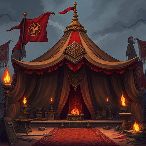 a military commander's tent inspired by the ottoman period, with a dark fantasy theme. the tent should be large and ostentatious; surrounded by worn-out flags, old torches, finger warrior statues and 