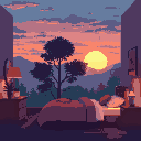 far away evening bedroom, with sunset