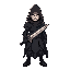 mystical warrior in gothic style with hooded cloak, dark armor and cursed sword