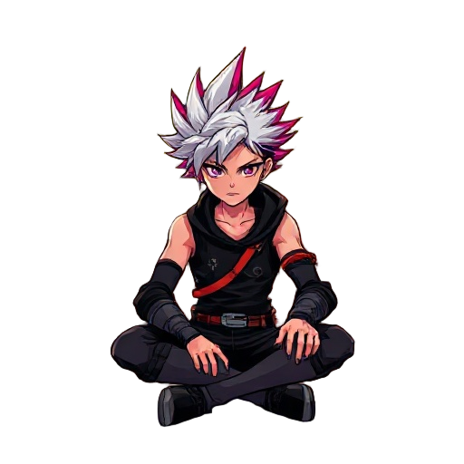a futuristic anime warrior sitting cross-legged in the middle of a post-apocalyptic urban street at sunset. he has spiky dual-tone hair — white with glowing red and purple tips — and wears a black and