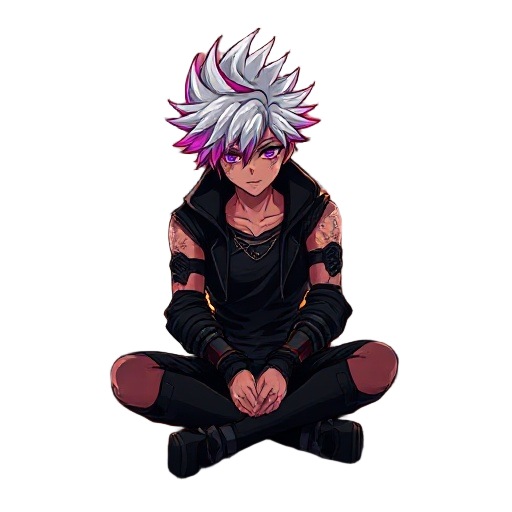 a futuristic anime warrior sitting cross-legged in the middle of a post-apocalyptic urban street at sunset. he has spiky dual-tone hair — white with glowing red and purple tips — and wears a black and
