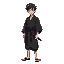 a 17 years japanese teen stands. he wears a traditional, slightly tattered black kimono, worn from countless journeys and hardships. the obi sash around his waist is tightly wrapped securing a sword.