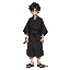 a 17 years japanese teen stands. he wears a traditional, slightly tattered black kimono, worn from countless journeys and hardships. the obi sash around his waist is tightly wrapped securing a sword.