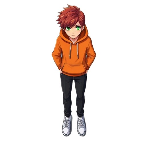 auburn hair orange hoodie black trousers white shoes green eye male character