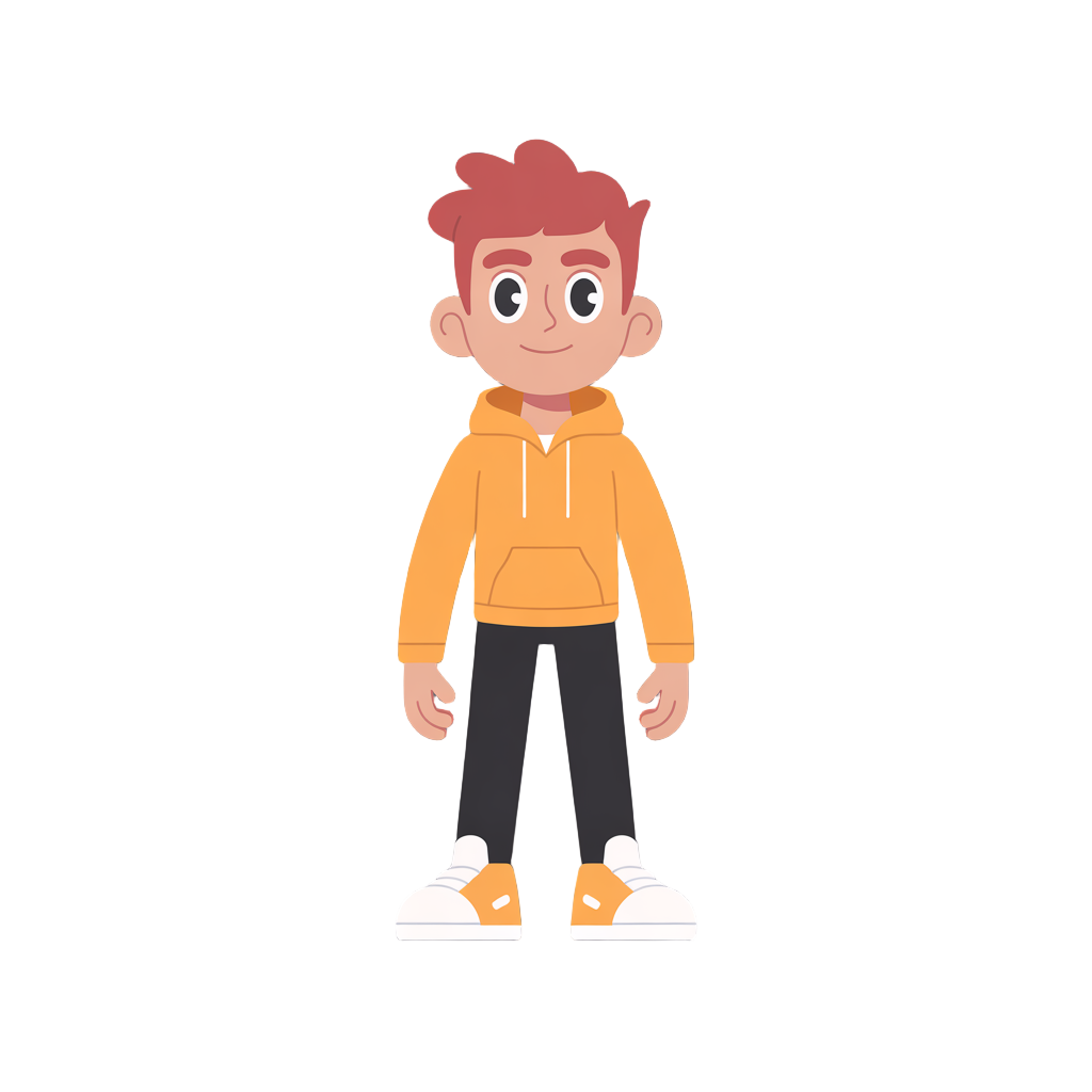 auburn hair orange hoodie black trousers white shoes green eye male character