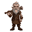 create a pixel art of an old, mischievous treasure hunter and warrior. he has a wrinkled face, a scruffy gray beard, and sly eyes. wearing a tattered leather tunic and patched armor, he carries a rust